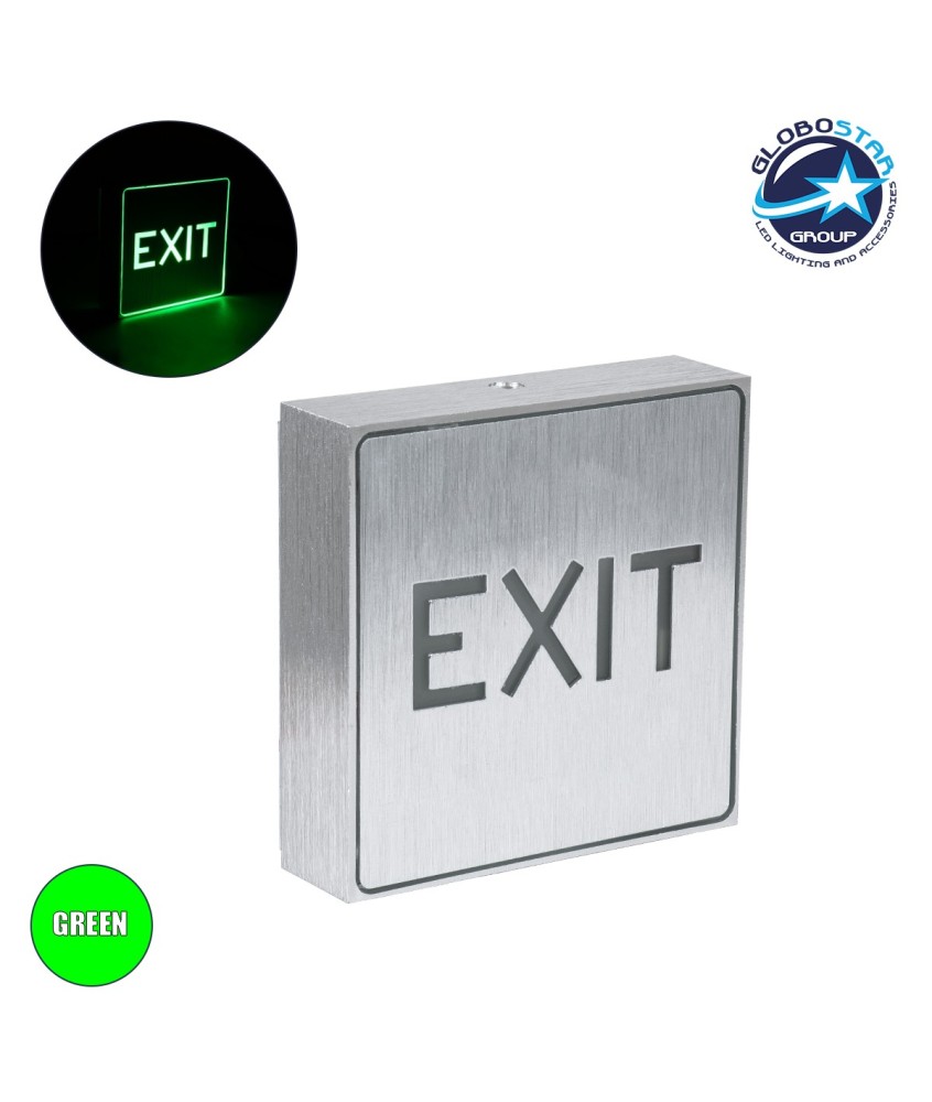 GLOBOSTAR® SENSATI 75650 Διακοσμητικό Φωτιστικό Τοίχου Ένδειξης - Σήμανσης "EXIT" LED 1W 40lm 90° AC 220-240V IP20 Πράσινο - Νίκελ Βούρτσας - Μ11 x Π11 x Υ3cm - 2 Χρόνια Εγγύηση